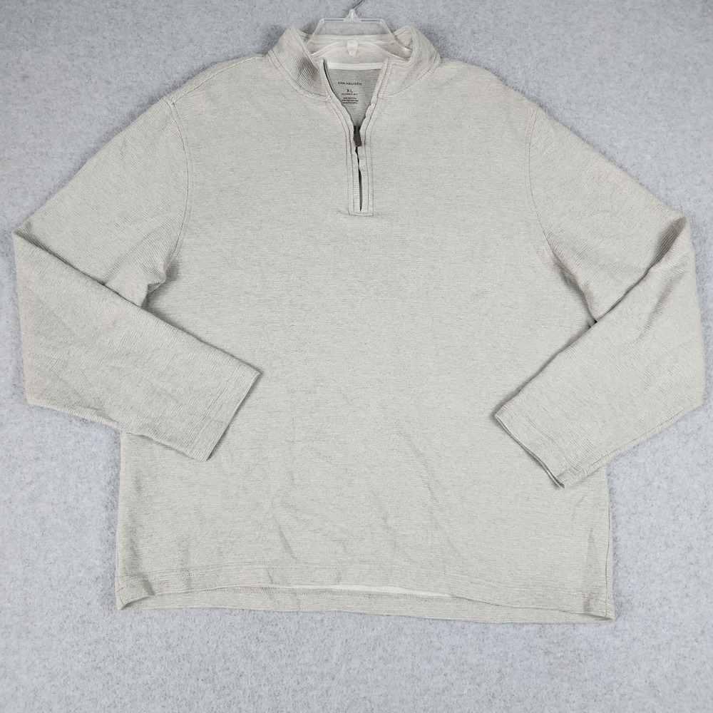 Van Heusen Sweater Mens XL Gray Ribbed Knitted Stretch Quarter Zip Classic Fit